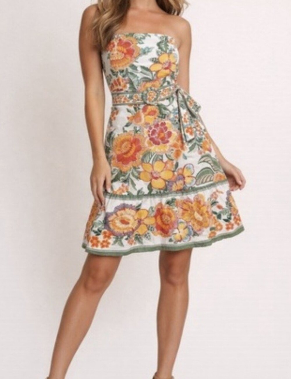 NWT Joie Strapless Floral Dress in Cream, Orange and Green